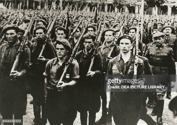 The Navarre nationalists brigade deployed in Pamplona Spain, Spanish Civil War, 20th century.