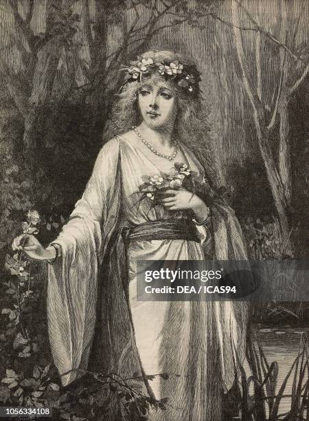 Ophelia offering fennel and columbines, scene from Hamlet by William Shakespeare, engraving from The Illustrated London News, No 2755, February 6,...