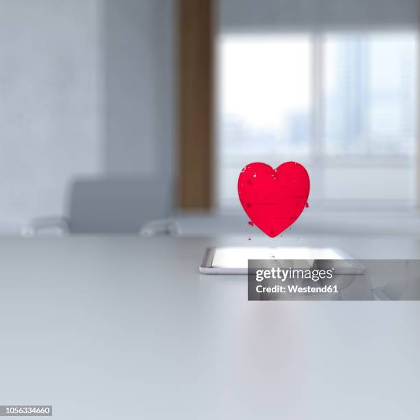 3d rendering, pixel heart hovering over digital tablet on desk - online dating stock illustrations