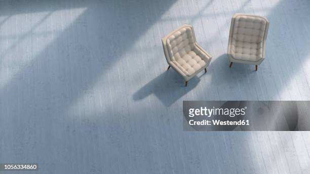 illustrazioni stock, clip art, cartoni animati e icone di tendenza di 3d rendering, two chairs on concrete floor - due oggetti