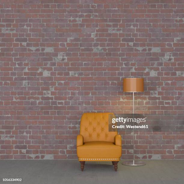 3d rendering, leather armchair and floor lamp against brickwall - brick wall interior stock illustrations