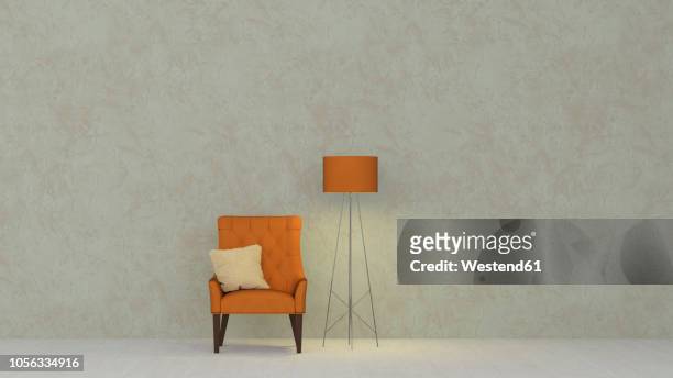 3d rendering, yellow armchair and floor lamp against marbled wall - chaise stock-grafiken, -clipart, -cartoons und -symbole