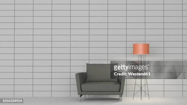 ilustrações de stock, clip art, desenhos animados e ícones de 3d rendering, gray armchair and floor lamp against tiled wall - hygge