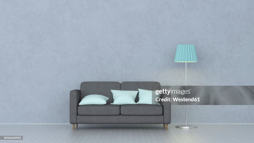 3D rendering, Couch with cushions and floor lamp
