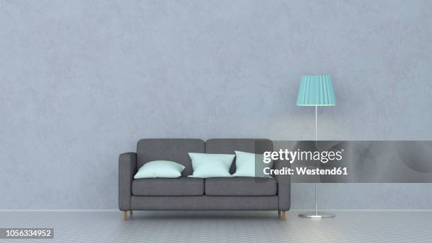 3d rendering, couch with cushions and floor lamp - model house stock illustrations