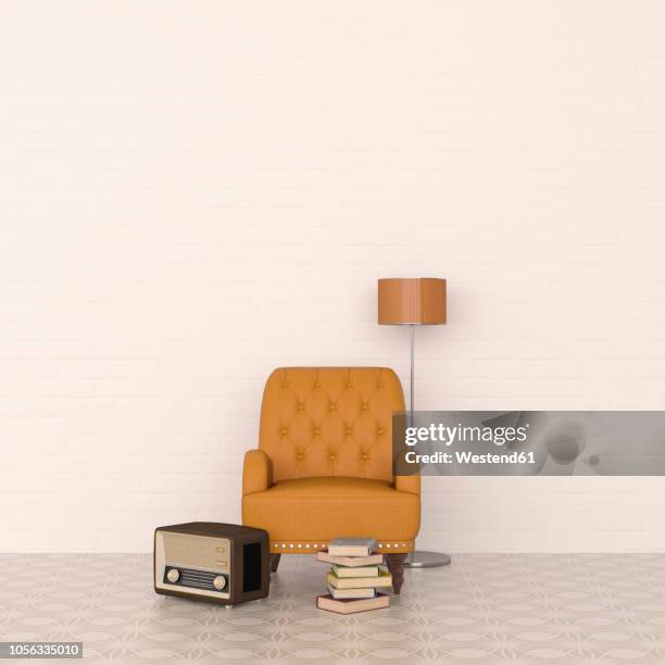 illustrazioni stock, clip art, cartoni animati e icone di tendenza di 3d rendering, leather armchair and floor lamp with radio and stack of books - arredamento