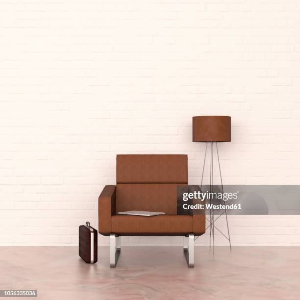 ilustrações de stock, clip art, desenhos animados e ícones de 3d rendering, brown armchair and floor lamp with laptop and briefcase - hygge