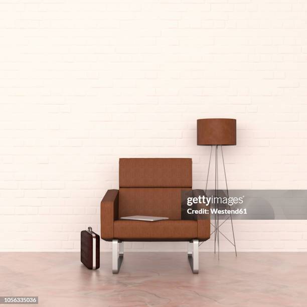 3d rendering, brown armchair and floor lamp with laptop and briefcase - interior design stock illustrations