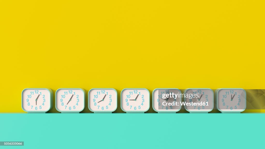 3D rendering, Row of alarm clocks, showing different times