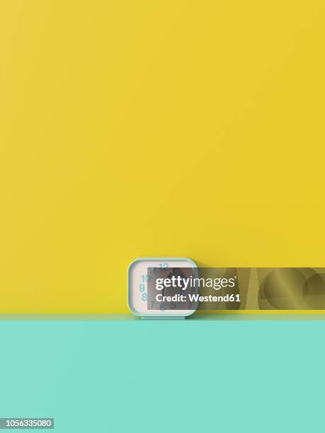 3d rendering, alarm clock on shelf aggainst yellow background - concepts & topics stock illustrations