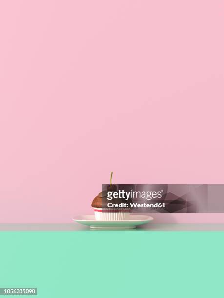 3d rendering, cherry muffin on shelf against yellow backround - farbiger hintergrund stock-grafiken, -clipart, -cartoons und -symbole