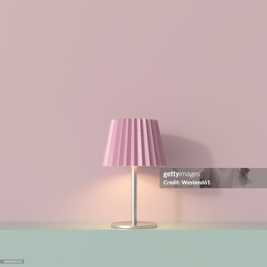 3D rendering, Table lamp on shelf with pink lampshade