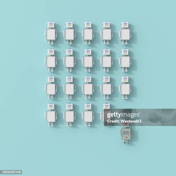 ilustrações de stock, clip art, desenhos animados e ícones de 3d rendering, toy robot standing out of robot crowd - repetição conceito