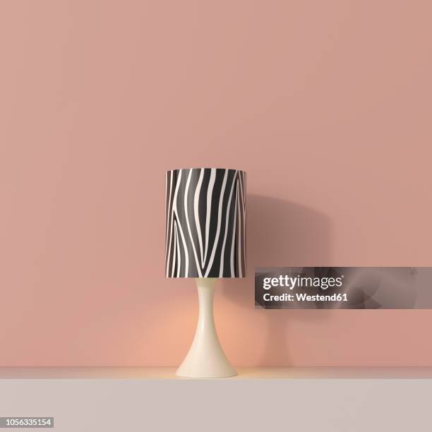 3d rendering, table lamp on shelf with zebra stripe lampshade - blank wall shelf stock illustrations