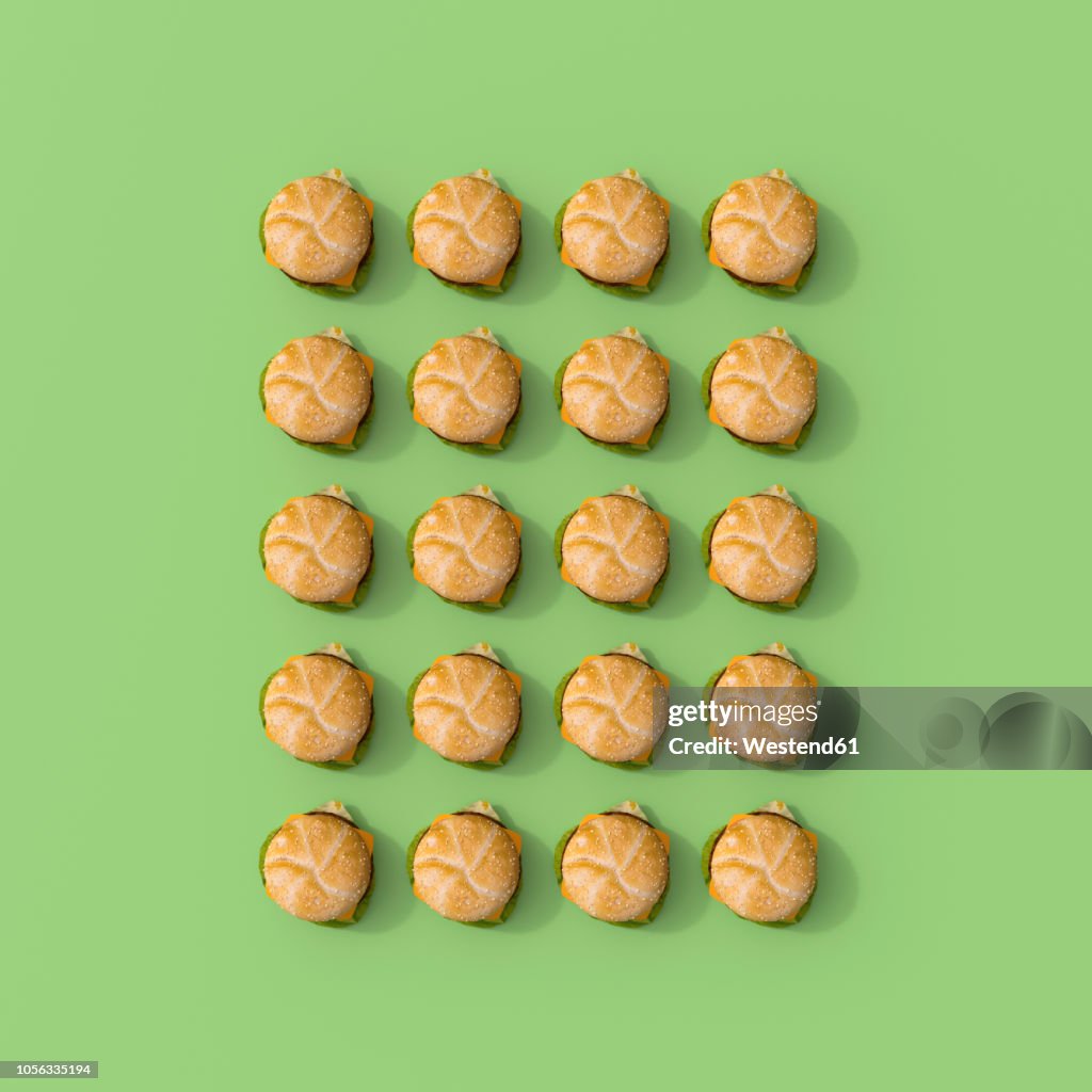 3D rendering, Rows hamburgers of on green background