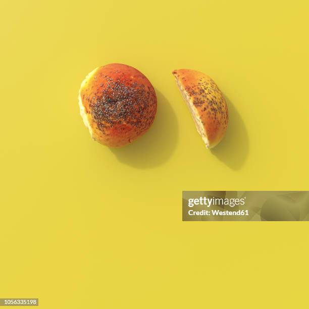 3d rendering, halved poppy seed roll on yellow background - cut cake stock illustrations