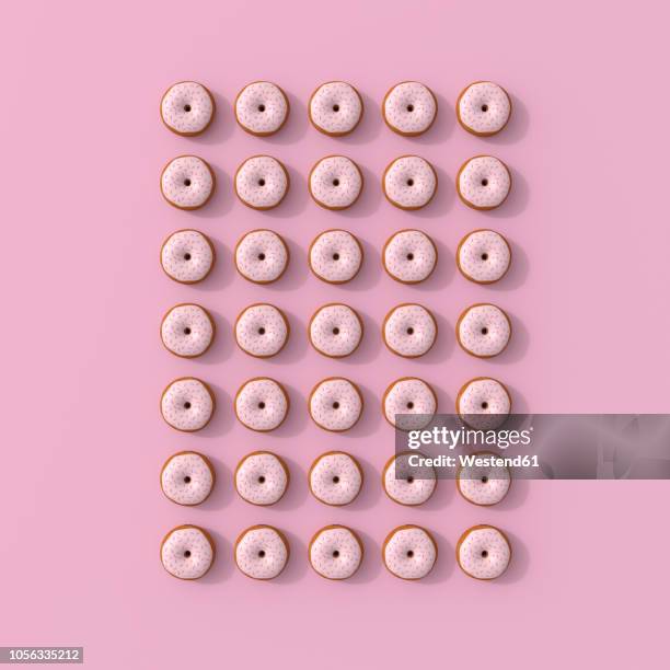 ilustraciones, imágenes clip art, dibujos animados e iconos de stock de 3d rendering, rows donuts of on pink background - donuts