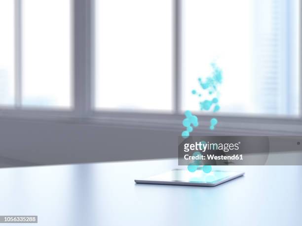 3d rendering, blue bubbles transferring data from digital tablet - augmented reality stock illustrations