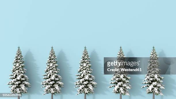 3d rendering, row of snow covered fir trees blue on background - schnee stock-grafiken, -clipart, -cartoons und -symbole