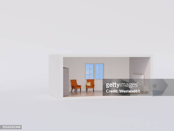 illustrations, cliparts, dessins animés et icônes de ßd rendering, model of a bed room with white bed and orange armchairs - maison miniature