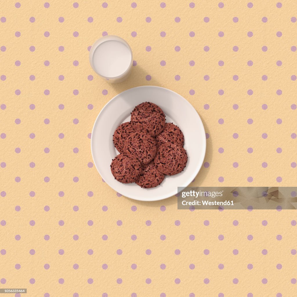 3D rendering, Chocolate cookies on table cloth with polka dots
