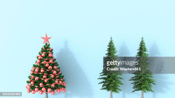 3d rendering, christmas tree with fir trees on blue background - gegengewicht stock-grafiken, -clipart, -cartoons und -symbole