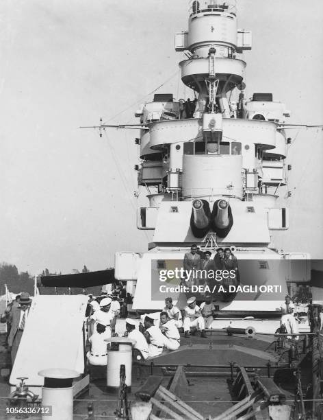 View of the deck and cannon towers of the heavy cruiser Gorizia , Italy, 20th century.