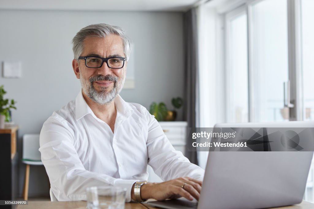Portrait of smiling mature man using laptop at home