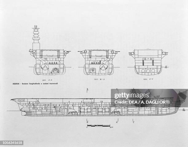 Longitudinal section and cross sections of the aircraft carrier Aquila , obtained by modifying the transatlantic Roma, Italy, World War II, 20th...
