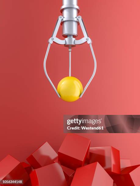 illustrazioni stock, clip art, cartoni animati e icone di tendenza di 3d rendering, claw holding yellow ball over pile of red cubes - stringere tenere