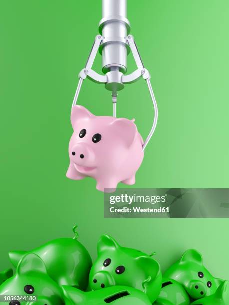 3d rendering, pink piggy bank hovering over pile of discarded pigs - hovering stock illustrations