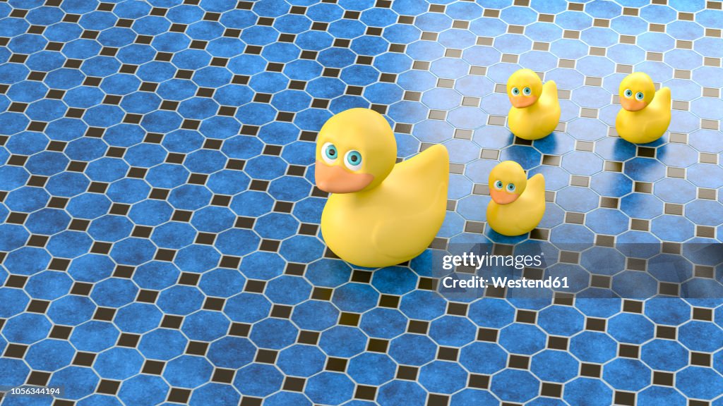 3D rendering, Family of rubber duck on blue tiled floor