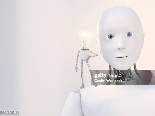 3d rendering, little bulb manikin standing on shoulder of a robot - deutsch unterricht stock-grafiken, -clipart, -cartoons und -symbole