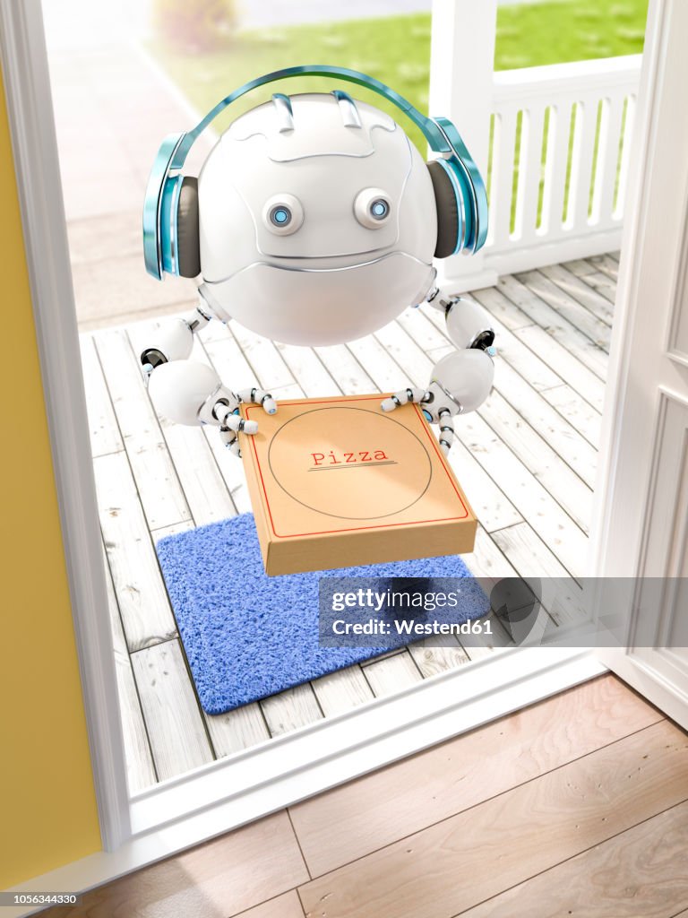 3D rendering, Little drone with headphones delivering pizza