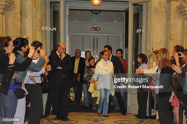 Isabel Pantoja greets her supporters after finishing a performance of her 'Asi es la vida' show at the Theater Coliseum on October 15, 2010 in...