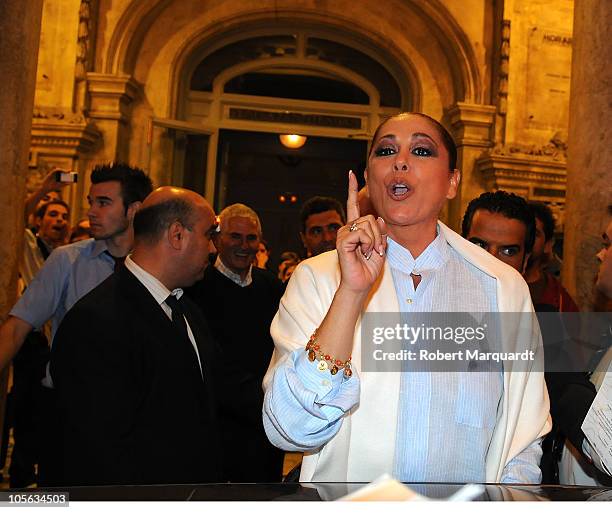 Isabel Pantoja greets her supporters after finishing a performance of her 'Asi es la vida' show at the Theater Coliseum on October 15, 2010 in...