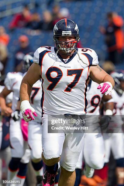 Justin Bannan of the Denver Broncos warming up before a game against the Tennessee Titans at LP Field on October 3, 2010 in Nashville, Tennessee. The...