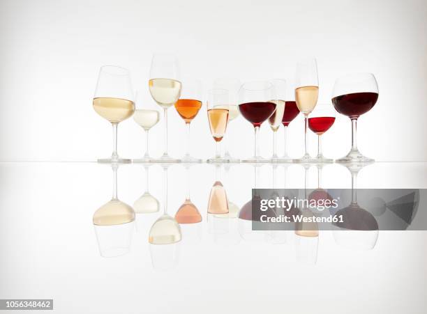 various glasses with wine, prosecco and champagne - weinglas stock-fotos und bilder