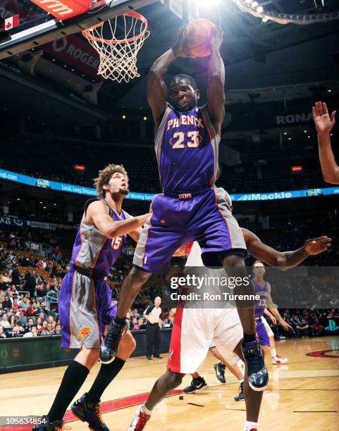 Jason Richardson of the Phoenix Suns grabs the board in traffic during a game against the Toronto Raptors on October 17, 2010 at the Air Canada...