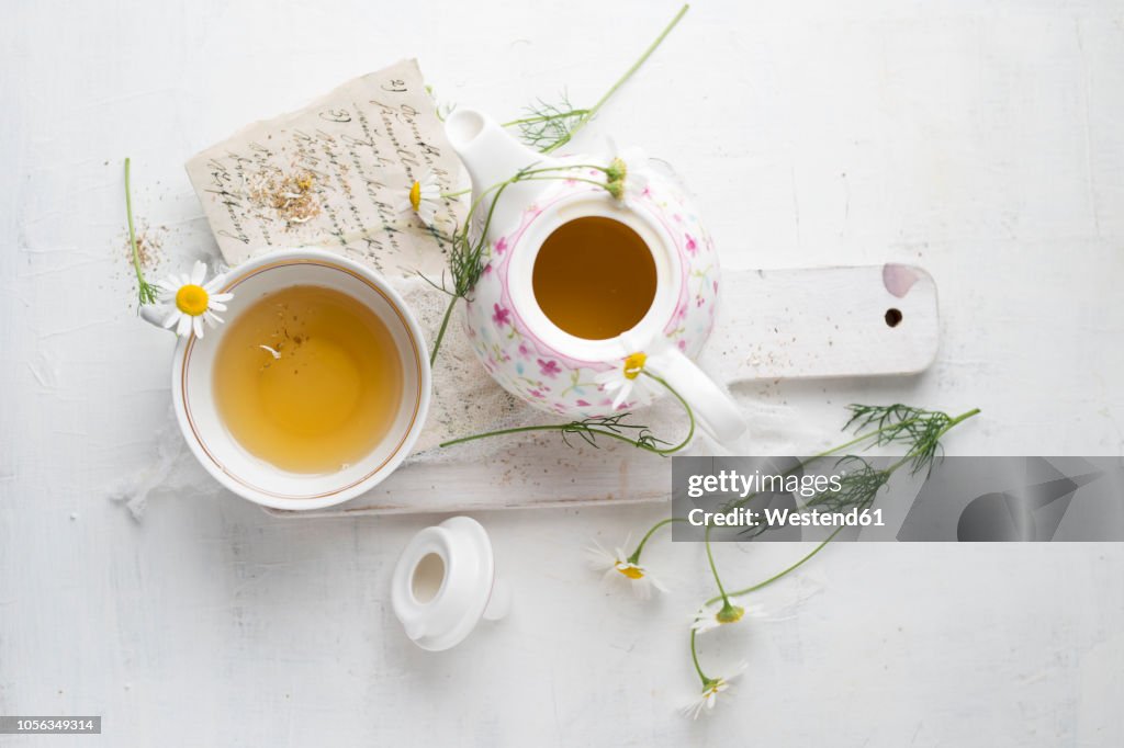 Chamomile tea in pot and cup