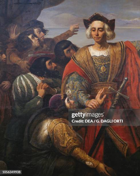 Christopher Columbus, surrounded by sailors on the deck of his caravel, sighting the island of San Salvador , a 17th century French school painting.