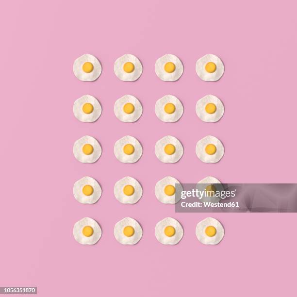 3d rendering, rows of fried eggs on pink background - fried egg stock illustrations