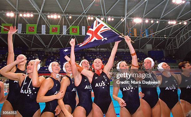 Australia celebrate victory in the Women's Water Polo Final against the USA at the Sydney International Aquatic Centre on Day Eight of the Sydney...