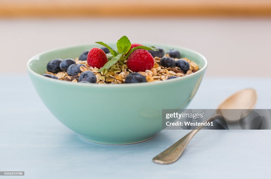 Bowl of muesli with raspberries and blueberries