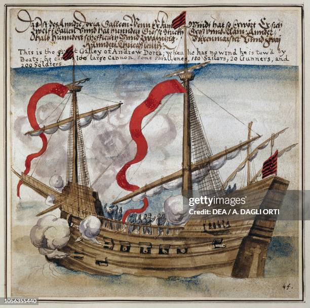 The ship commanded by Andrea Doria in the battle against the Turks, watercolour print, Newport, 1712.