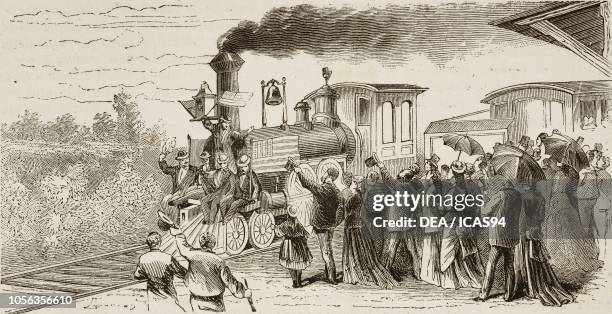 Arrival of the first train to New York, Universal Exposition of Philadelphia, United States of America, engraving from L'Illustrazione Italiana, No...