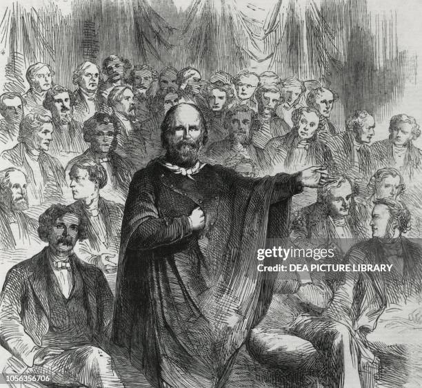 Giuseppe Garibaldi during the first session of the Parliament, April 18 engraving, Turin, Italy, 19th century.