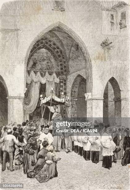 San Gennaro procession in Naples, Italy, engraving from a drawing by Edoardo Matania, L'Illustrazione Italiana, No 35, June 25, 1876.