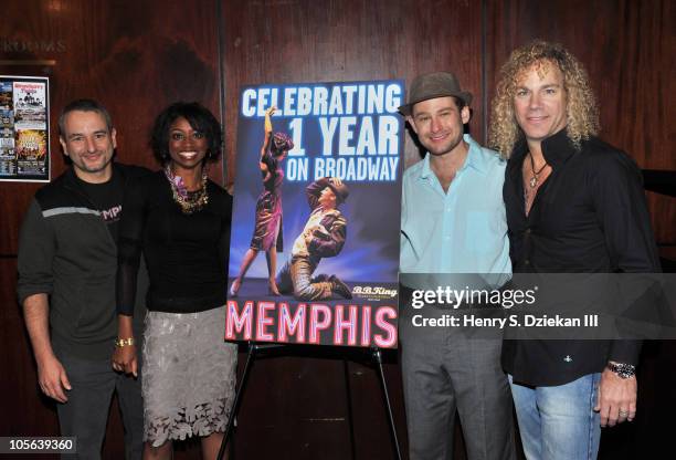 Playwright Joe DiPietro, actress Montego Glover, actor Chad Kimball and musician David Bryan celebrate "Memphis" being on Broadway for one year at...