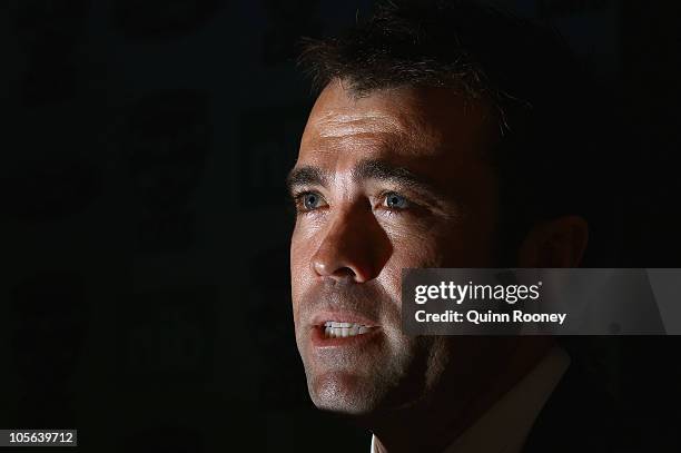 Chris Scott speaks to the media after being announced as the new coach of the Cats during a Geelong Cats press conference at Skilled Stadium on...